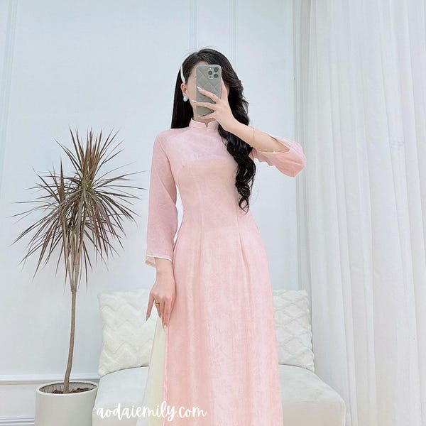 Pink flowers pattern Modern Ao dai set| Pre made Vietnamese long dress| Ao dai for bridesmaids With pants| S-10XL|MDP002