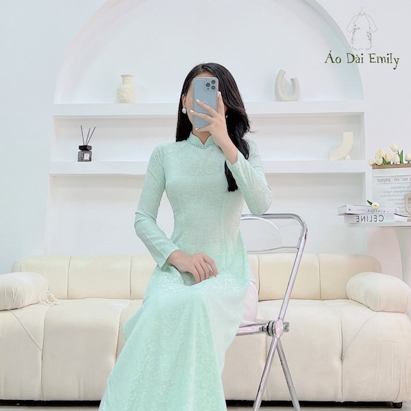 Ao dài lụa gấm Tuyết Mai| Mint Pre made ao dai Vietnam with pearls| Women long dress|| Vietnamese long dress|No pants