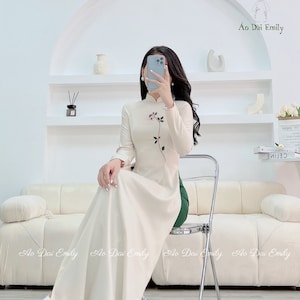 Ao dài lụa tây thi thêu tay| Neutral hand made Embroidery flowers Ao dai set| Pre made Vietnamese long dress| Pants included|