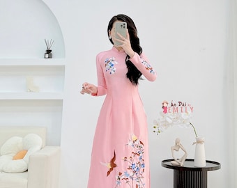 LOGAN Pink embroidery traditional ao dai| Vietnamese pre made long dress| No pants| S-5XL