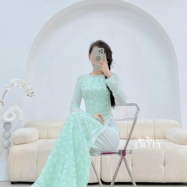 Butterfly mint pattern áo dài| with pearls | Double layer Gam/silk| Pre made ao dai Viet Nam| | Ao dai for women| No pants| NN032