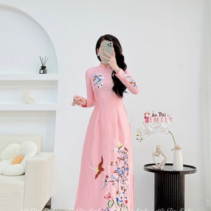 Ao Dài lụa vân gỗ thêu hoa| Pink Pre made embroidery ao dai| Ao dai vietnam| Vietnamese long dress|No pants|VT026