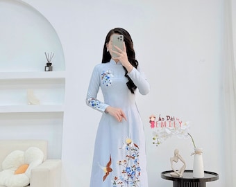 Ao Dài Lụa Vân Gỗ Thêu Hoa| Baby Blue Pre Made Embroidery Ao