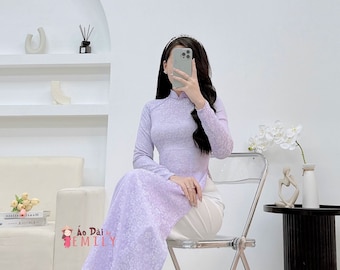 áo dài lụa màu tim kết hạt| Pre made ao dai Viet Nam| Vietnamese long dress| Ao dai for women| Pastel purple ao dai| No pants