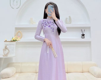 Ao Dài lụa vân gỗ thêu hoa with crystals| Pre made embroidery ao dai| Vietnamese long dress| Ao dai for special event|Purple| No pants