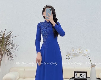 Blue ao dai with designed crystals,pearls and 3D flowers| Double layers chifon ao dai set|  |Ao dai for event| Ao dai for wedding |