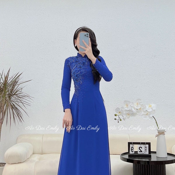 Blue designed crystals, pearls and 3D flowers Ao dai| Double layers chiffon ao dai| No pants| Ao dai for wedding| S-5XL| Skylar