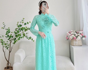 Spitze und Seide áo dài mit 3D-Blumen und Kristallen  Ao dai für Frauen | Vietnamesisches langes Kleid | Mint áo dài|Keine Hose
