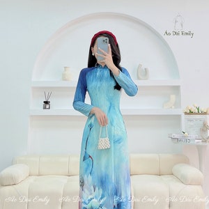 Áo dài lụa in hoa| Printed lotus pattern Pre made ao dai for women| Vietnamese long dress| HT020