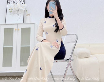 Áo dài lụa Tây Thi thêu hoa| Embroidery flowers pre made ao dai set for women| Pants included| Nude/Blue|VT042