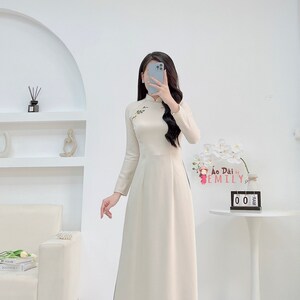 Ao dài lụa tây thi thêu tay| Neutral hand made Embroidery flowers Ao dai set| Pre made Vietnamese long dress| Pants included|#2