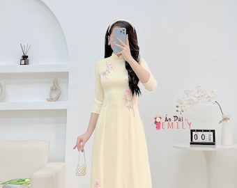 Áo dài lụa màu kem thêu hoa ruy băng| Cream Ribbon embroidery Pre made ao dai| Ao dai Vietnam| Pastel color Ao dai| Simple ao dai| No pants