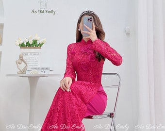 Lace and silk áo dài with 3D flowers and crystals| Pants included| Ao dai for women| Vietnamese longdress| Fuchsia/ hot pink áo dài