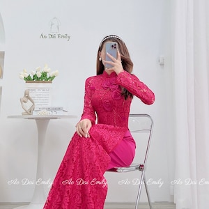 Lace and silk áo dài with 3D flowers and crystals| Pants included| Ao dai for women| Vietnamese longdress| Fuchsia/ hot pink áo dài