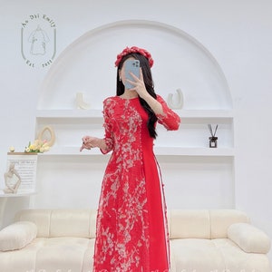 Ao Dai Vải tơ xước hoa đào 3D| Red | Pre made ao dai Viet Nam| Vietnamese long dress| Ao dai Women| No pants| No headpiece| S-3XL