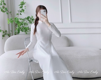 Plain white ao dai with pearls| Lụa vân gỗ áo dài| Pre made ao ai for bridesmaids| Plain  long dress| Wedding day checklist| No pants
