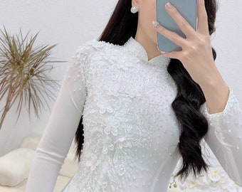 Ao dai with designed crystals, pearls and 3D flowers| Double layers chiffon ao dai|  |Ao dai for special event| Ao dai for brides|