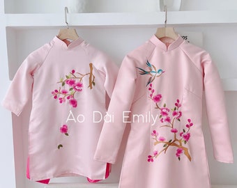 Matching Mom & Daughter Cherry blossom embroidery Ao Dai set| Taffeta shiny Silk Ao Dai| Pants included| Long dress for Lunar new year 2023