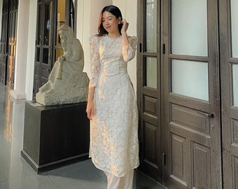 Pre made double layer lace and silk  Ao dai set for women| Ao dai ren| Pants included| re-made Vietnamese Modernized Ao Dai