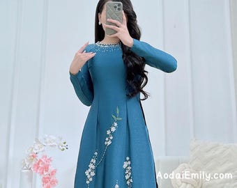 Fleurs 3D en perles à la main avec cristaux Ao dai Vietnam | Robe longue confectionnée | Avec un pantalon de la même couleur| P-3TG
