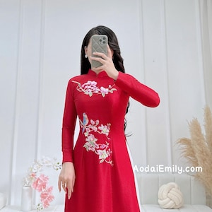 KAITLYN Red Pre made Spring embroidery ao dai| Ao dai vietnam| Vietnam long dress| Ao dai for Lunar new year |No pants| S-6XL