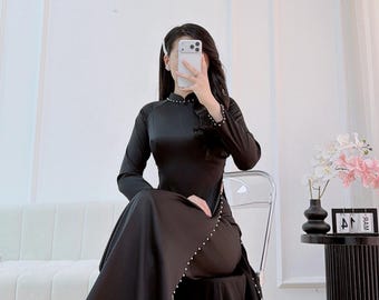 Shiny Black Ao Dai Set with pearls | Pre-made Vietnamese Long Dress | Plain color | with black pants| S-10XL| Gayfeather