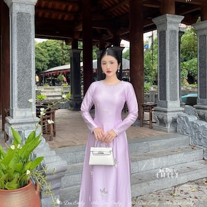 Ao dai lụa kết hạt | Pastel purple ao dai with designed crystals and pearls| Pre made ao dai Vietnam| No pants| CQ041