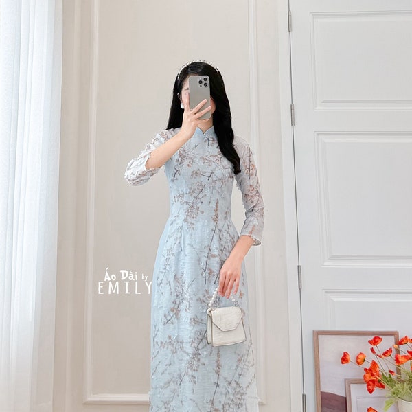 Ao Dai Vải tơ xước hoa đào xanh | Blue 3D flowers Pre made ao dai Viet Nam| Vietnamese long dress| Ao dai Women|No pants