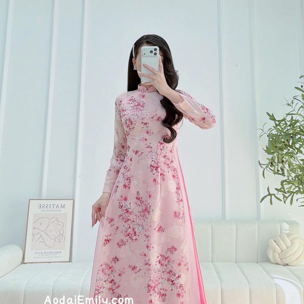 Mini cherry blossom flowers ao dai set| Ao dai for summer| With Pants | Double layers silk ao dai| S-6XL|MFF001
