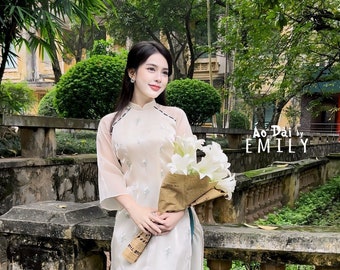 Cream/ green double layer modernized ao dai set with embroidery flowers and pearls| áo dài cách tân| Pants included| Ao dai women| HN025