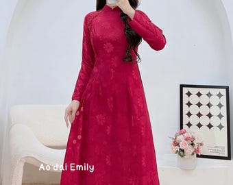 Daisy Burgundy Ao Dai Gấm with crystals | Daisy patterns| áo dài gấm | traditional Women dress | No pants| S-6XL| Bleeding heart