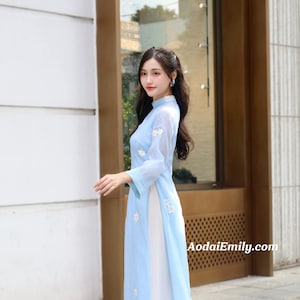NIA Double layers Blue modern ao dai with embroidery flowers| áo dài cách tân| No pants| Ao dai women| S-4XL