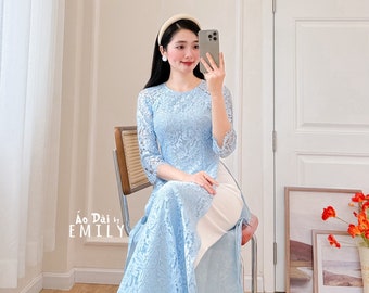 Baby Blue Lace and silk áo dài | Ao dai  women| Vietnamese long dress| Pastel áo dài| Ao dai for bridesmaids|No pants| HN054