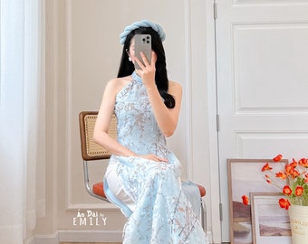 Ao Dai yếm hoa đào | Blue | Sleeveless Cherry blossom Pre made ao dai|  | Ao dai yếm Women| Headpiece included| No pants|HN053