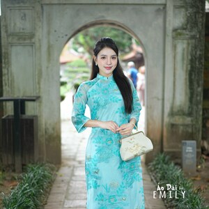 Double layers Modern Blue|Ao dai |Losing/shifted ao dai with gold flowers pattern| Pre made long dress for women| No pants|HN001