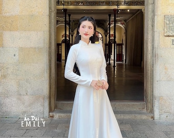 White ao dai with simple crystals rhinestones| áo dài Vietnam| Ao dai women| uniform ao dai| No pants| 4D silk| CQ042