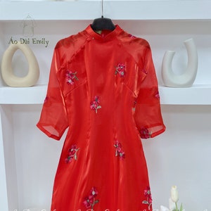 Double layers Red embroidery mini daisy Ao dai set| Pants included| Ao dai for bridesmaids| Vietnamese long dress| Modernized Ao dai