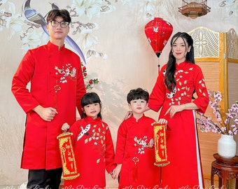 Matching Family Spring Birds Ao Dai Set| Pre-made Ao Dai for Lunar New Year 2024| Ao Dai Gia Dinh Tet| Lucky red ribbon embroidery Ao dai