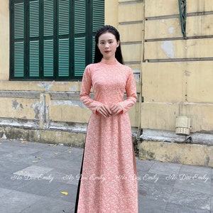áo dài lụa Tuyet Mai màu hồng cam Pre made ao dai Viet Nam Vietnamese long dress Ao dai for women No pants image 1