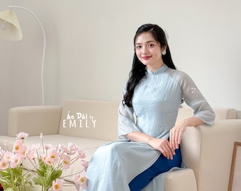 SABRINA Baby Blue modern ao dai set with embroidery flowers | áo dài cách tân| with pants| S-7XL