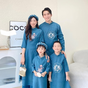 Matching Family Blue embroidery  Ao Dai Set | Pre-made Traditional Vietnamese Ao Dai