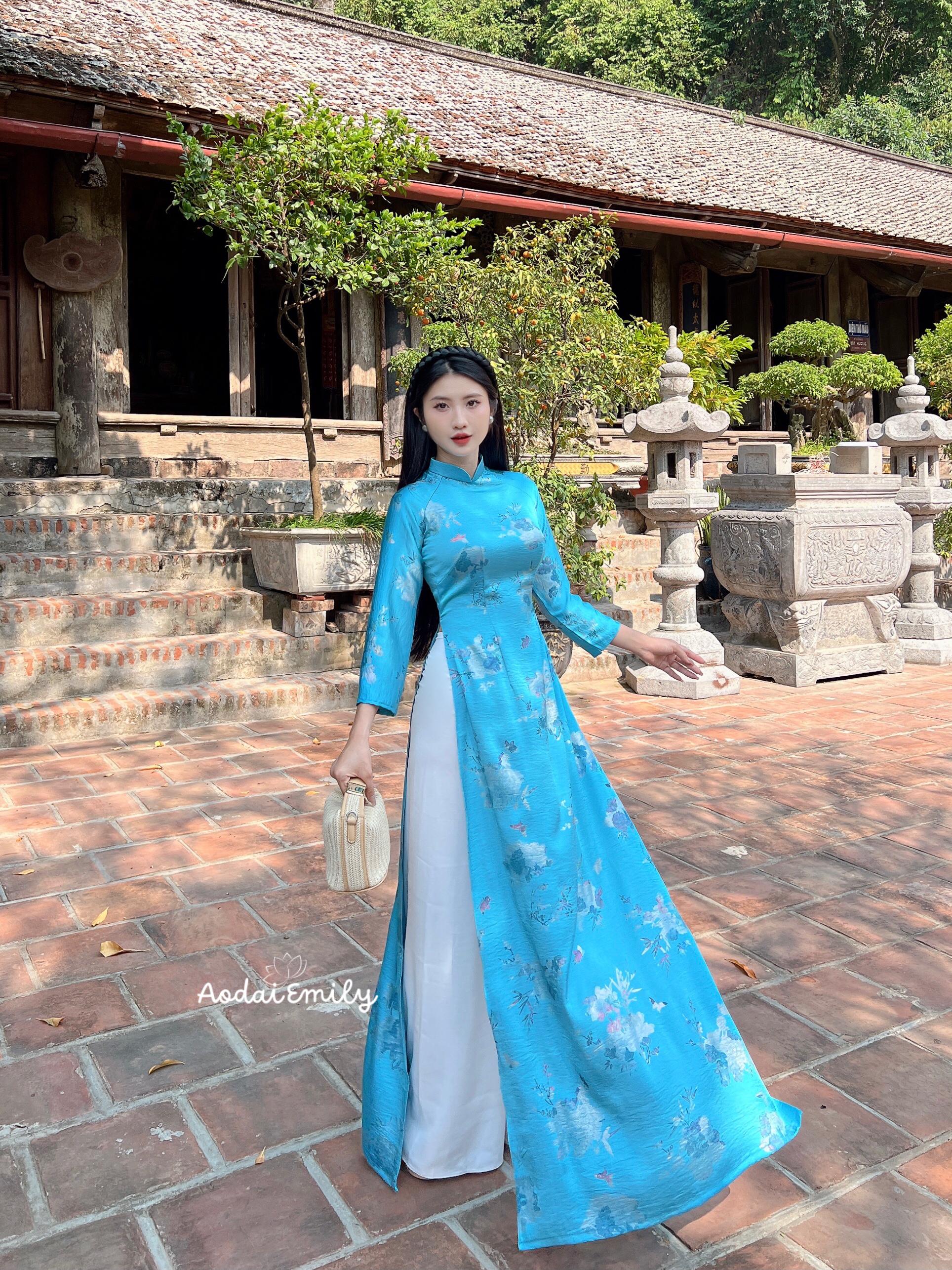 Printed Blue Sparkling Spring flowers pattern| Pre made ao dai for women| Vietnamese long dress| No pants| HN134