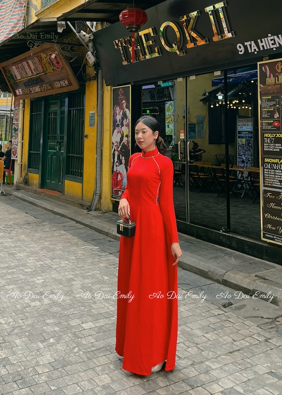 Designed Pearl Double Layer Red Chiffon Ao Dai Set | Pre Designed Pearl Double Layer Red Chiffon Ao Dai Set | Pre