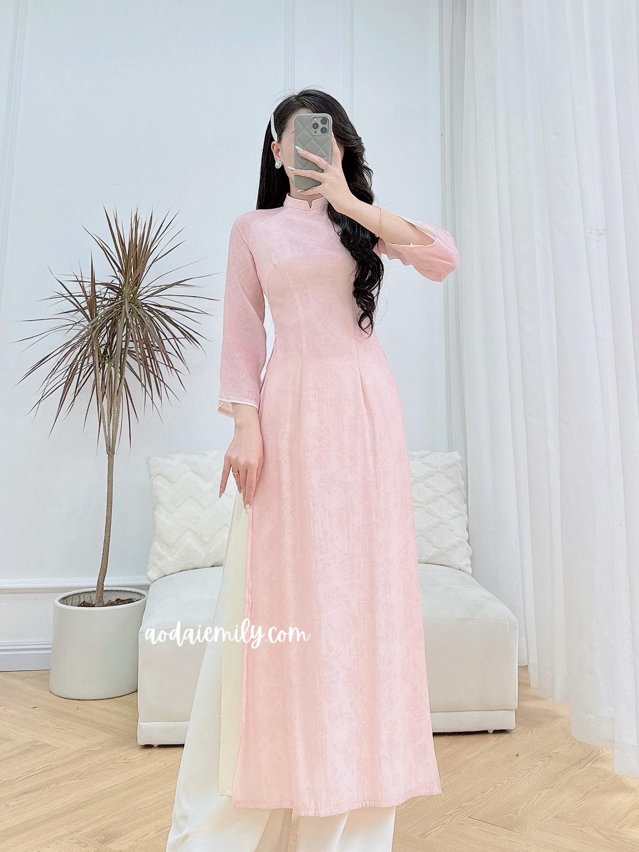 MYA Pink flowers pattern Modern Ao dai set| Pre made Vietnamese long dress| Ao dai for bridesmaids With pants| S-10XL