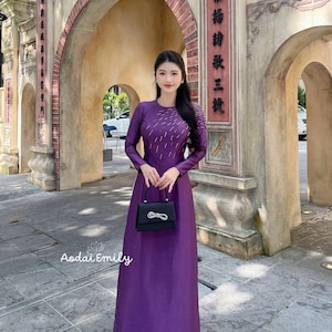 Plain Purple ao dai with designed crystals | Lụa vân go áo dài| Pre made ao dai|  Vietnamese long dress| No pants| NN058