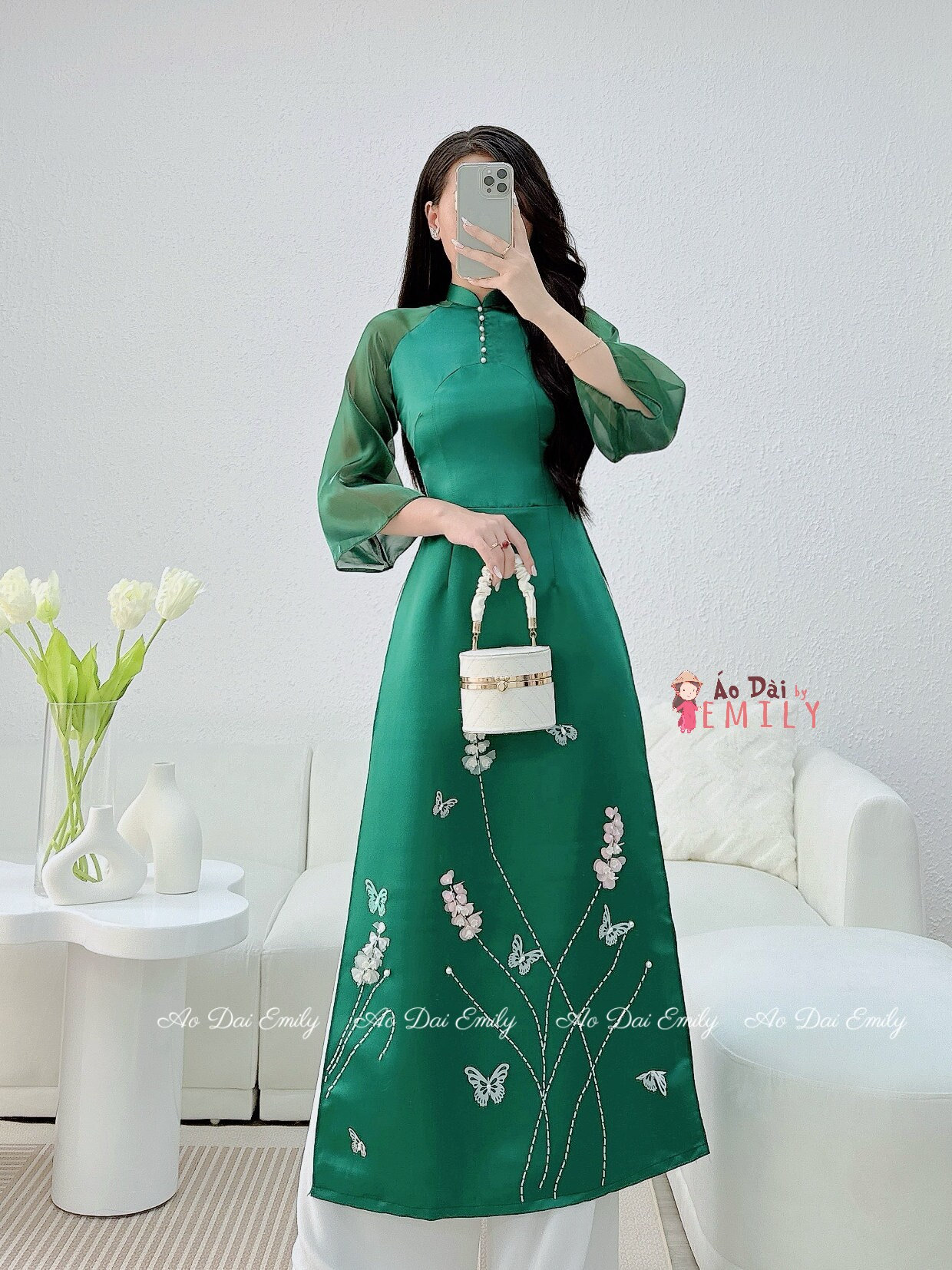 Modern green taffeta ao dai with pearls and 3D lily of the valley flowers| Pre made long dress for women| No pants|CQ029