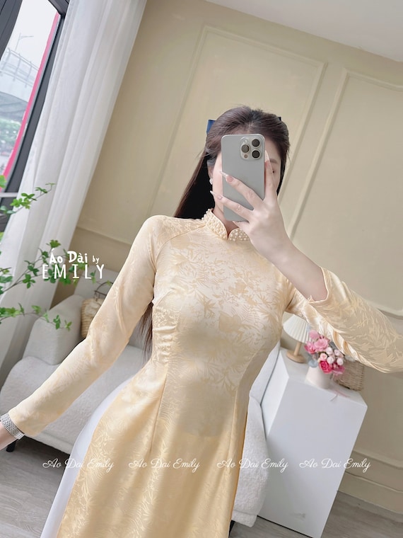 Truc Xuan Ao Dài Lụa Gấm Yellow/light Peach Pre Made Ao Dai Vietnam With Crystals, Bamboo Patterns Women Vietnamese Long Dress VT022 - Etsy Truc Xuan Ao Dài Lụa Gấm Yellow/light Peach Pre Made Ao Dai Vietnam With Crystals, Bamboo Patterns Women Vietnamese Long Dress VT022 - Etsy