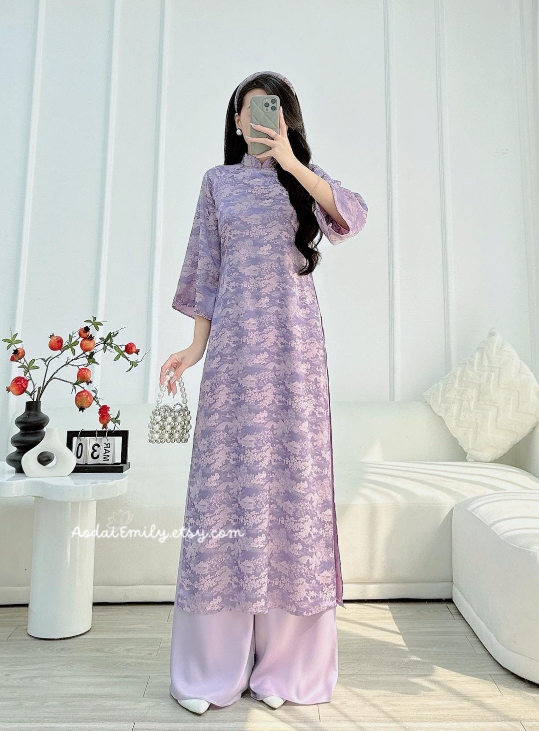 Teal Ao Dai with Cracked Detailing