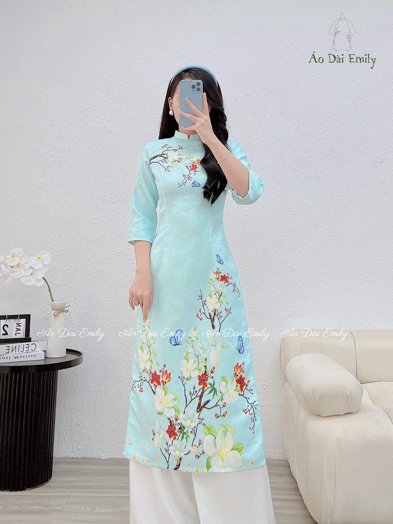 Aó Dài Gấm Xốp in Hoa| Light Mint Printed Flower Ao Dai for Aó Dài Gấm Xốp in Hoa| Light Mint Printed Flower Ao Dai for