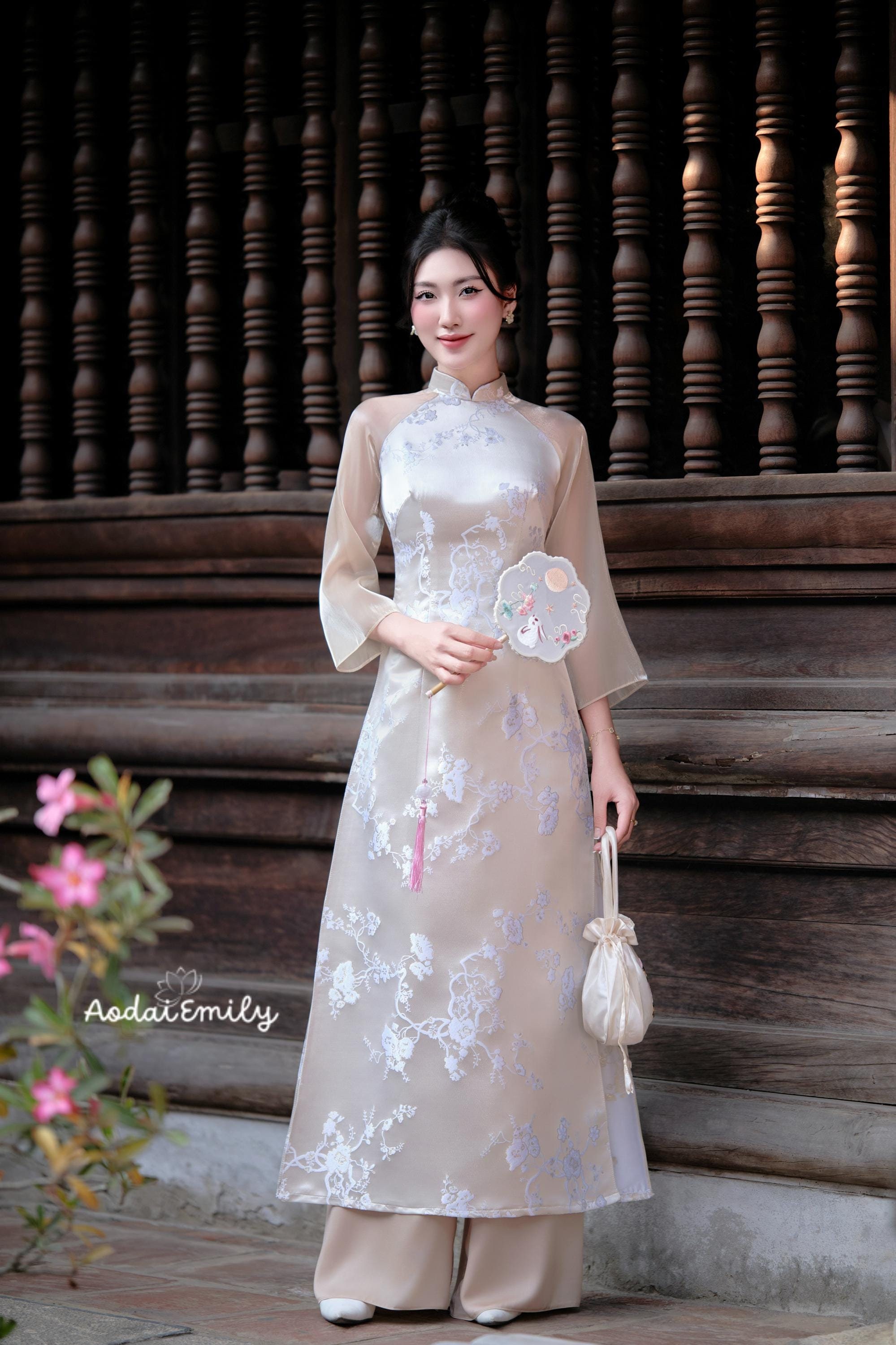 BELLA Beige Spring flowers pattern| Taffeta ao dai set|  With pants